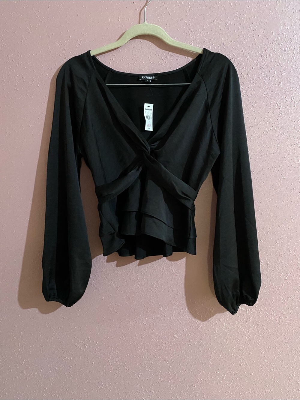 Express Black Long-Sleeve Twist Front Ruffle Blouse